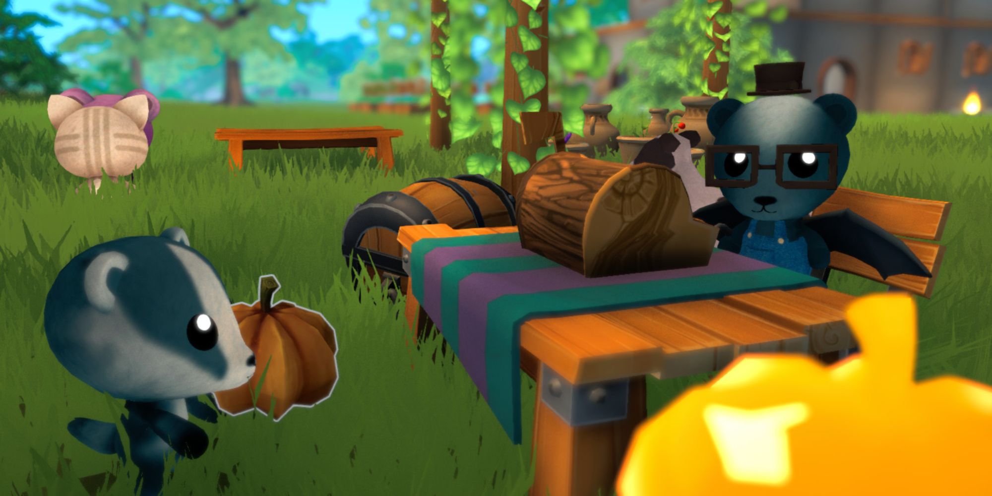 Garden Paws screenshot of two animals (a bear and a badger) at a stall making a sale.