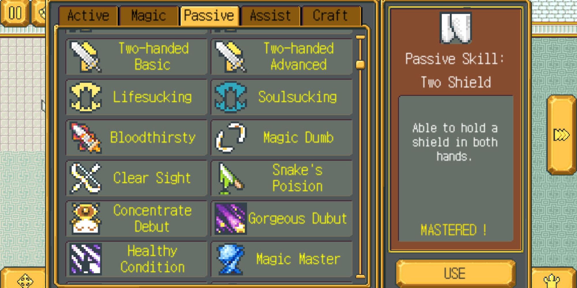 Weapon Shop Fantasy screenshot of a menu of skills.