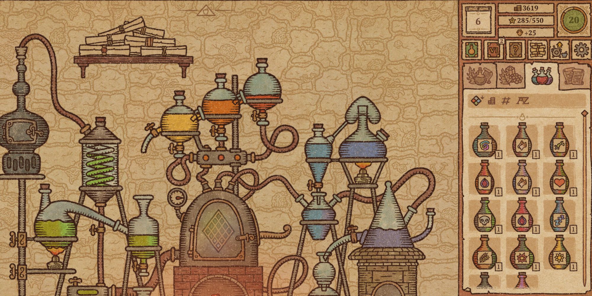 Potion Craft Alchemist Simulator screenshot of a bunch of a vials and flasks filled with colorful liquid.