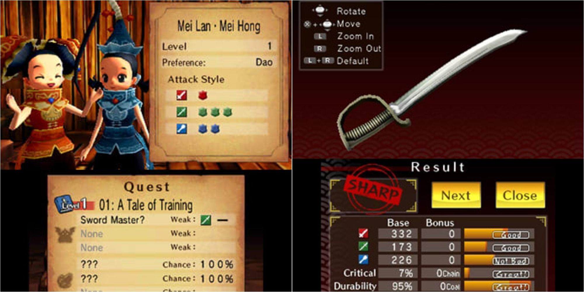 Weapon Shop De Omasse split image containing two screenshots of a customer and a sword.