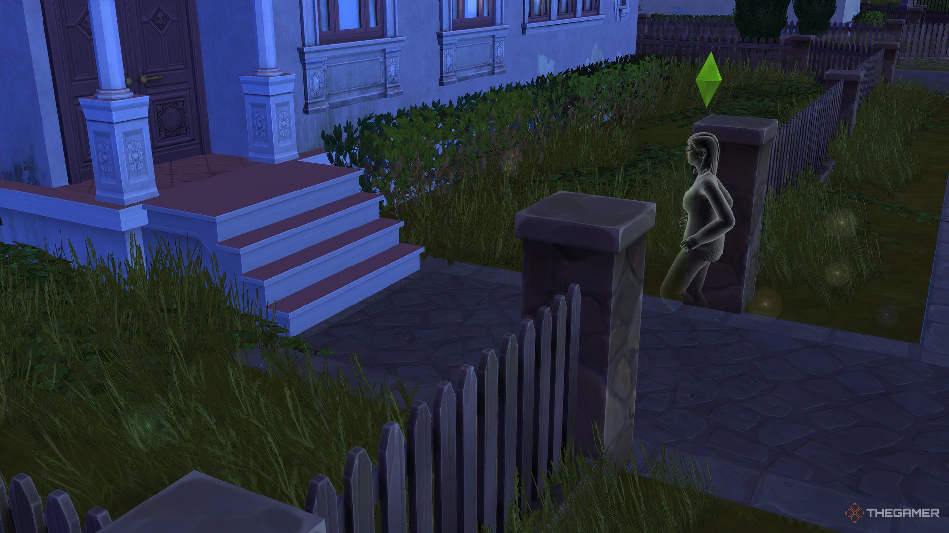 A ghost Sim floating towards the Golden Oldies house steps at night. She’s about to go up the steps.