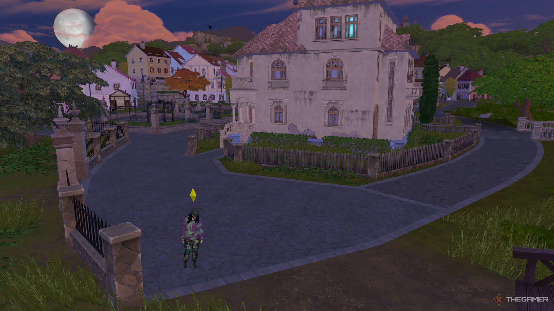 A Sim is stood outside the Golden Oldies house with her head hung. A full moon is in the background.