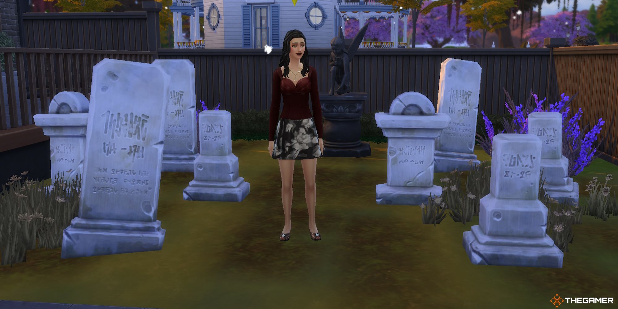 A female Sim in a graveyard in the Black Widow Challenge