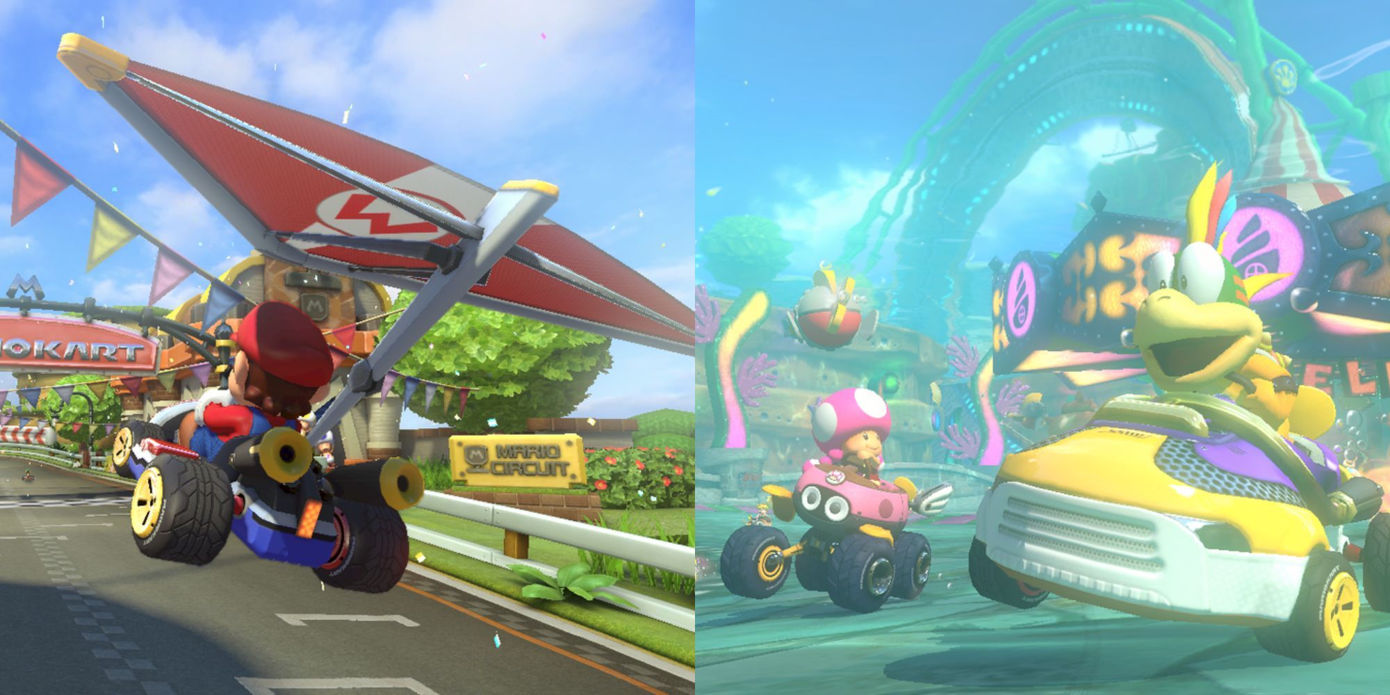 Mario gliding through the air and Toadette and Lemmy driving underwater.