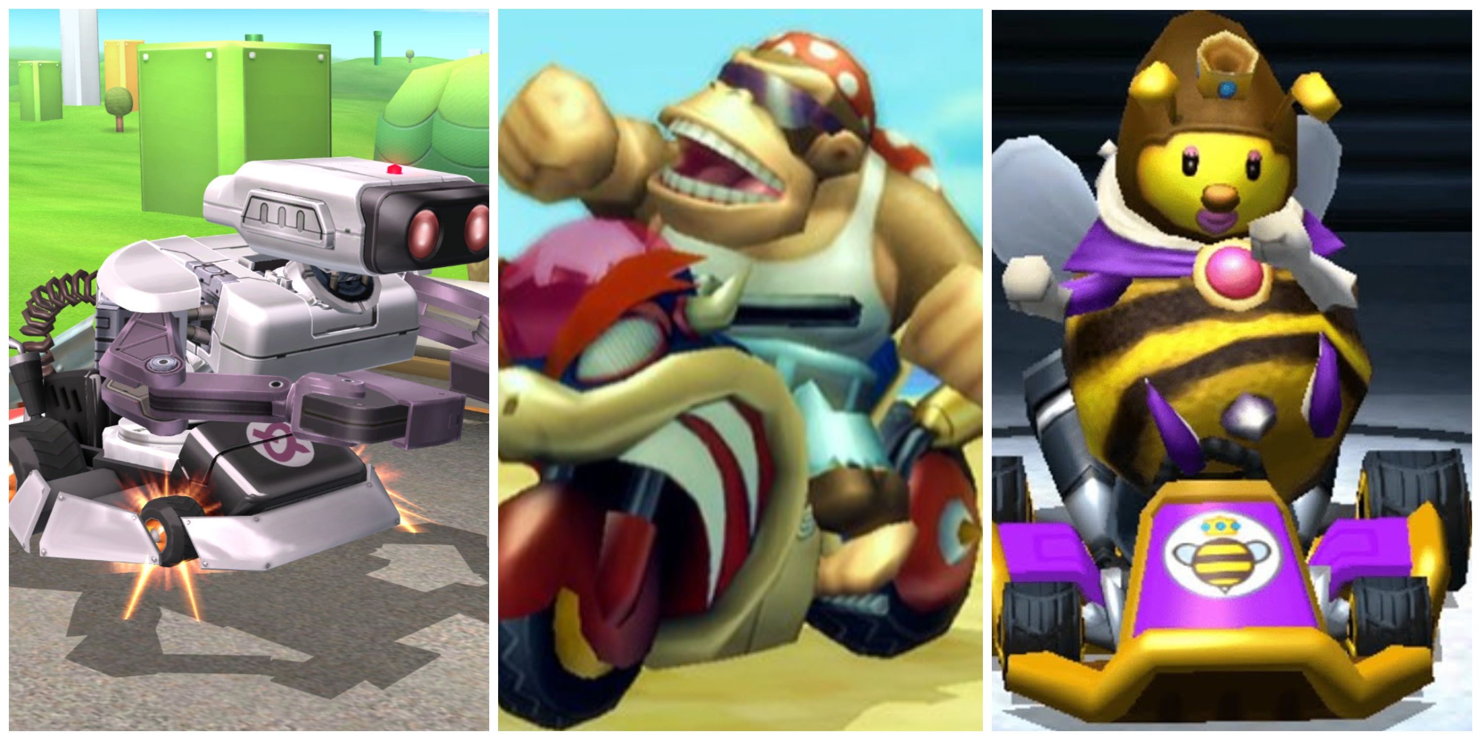 R.O.B from super smash bros, funky kong in mario kart wii, honey queen from mario kart 7