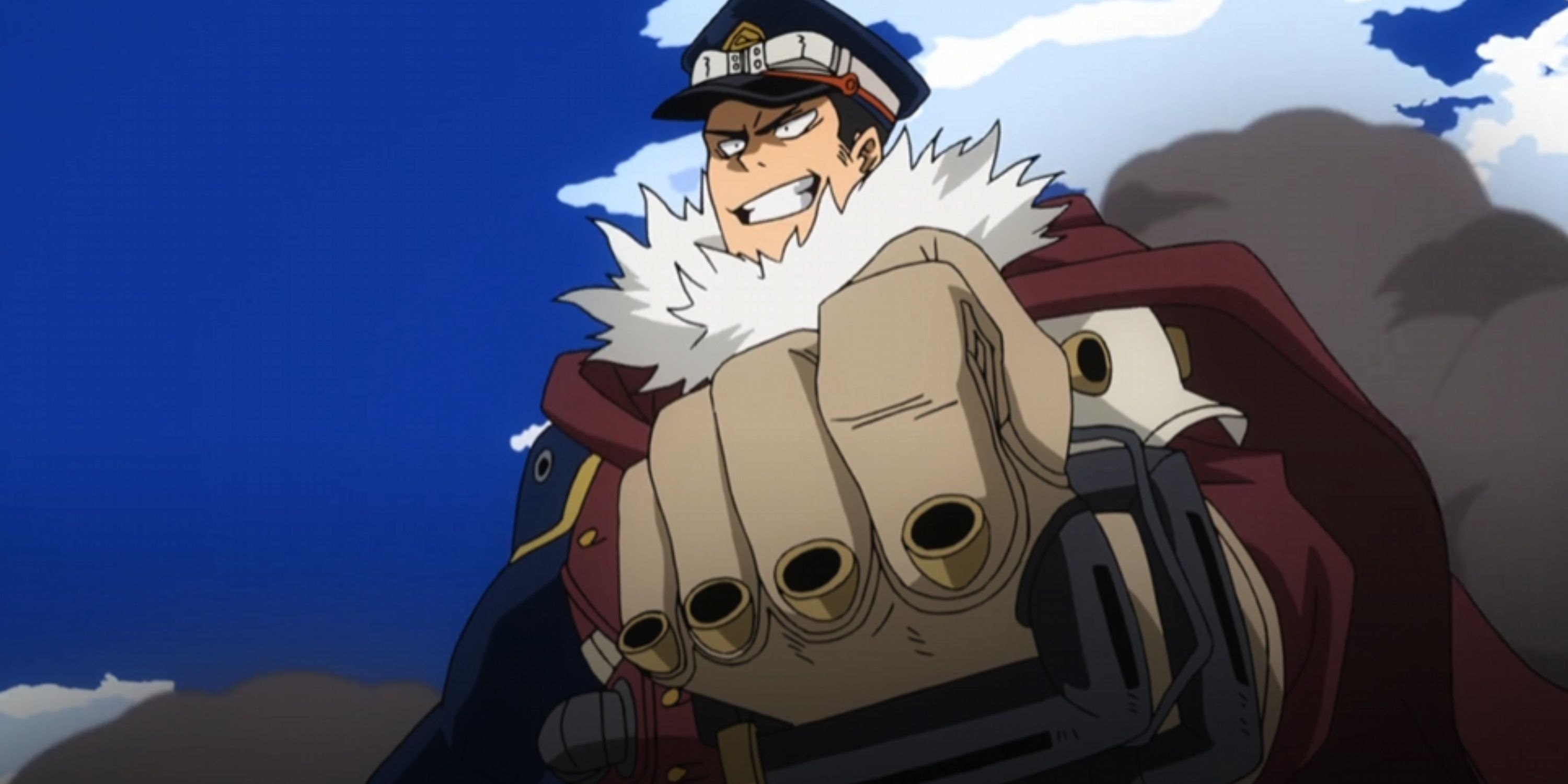 Yoarashi Inasa curls his hand into a fist as he grins in My Hero Academia. 