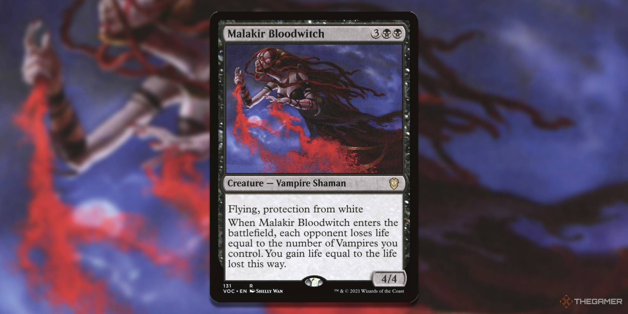 MTG Malakir Bloodwitch card with the art in the background.