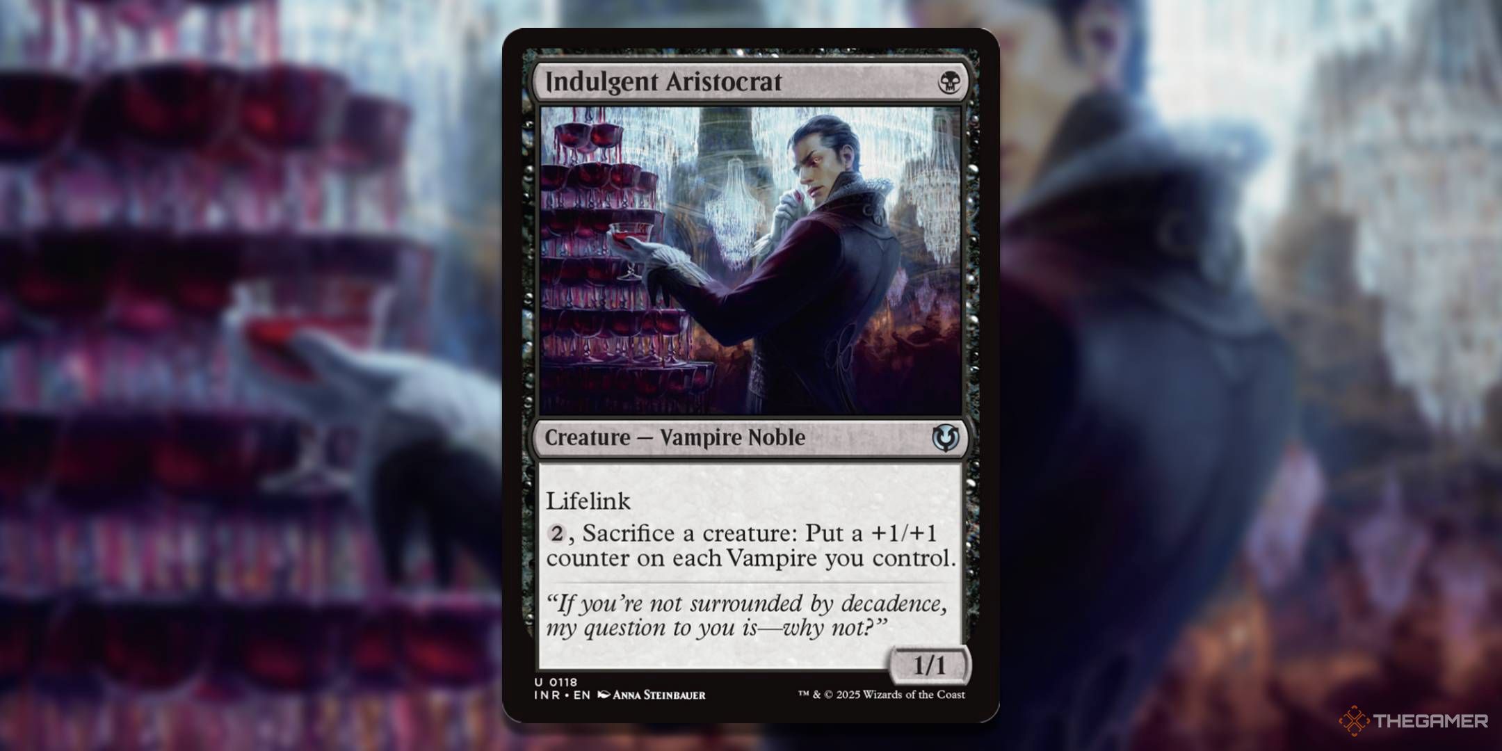 MTG Indulgent Aristocrat card with the art in the background.