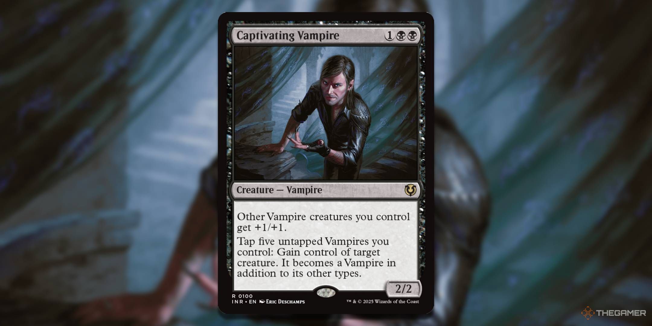 MTG Captivating Vampire card with the art in the background.