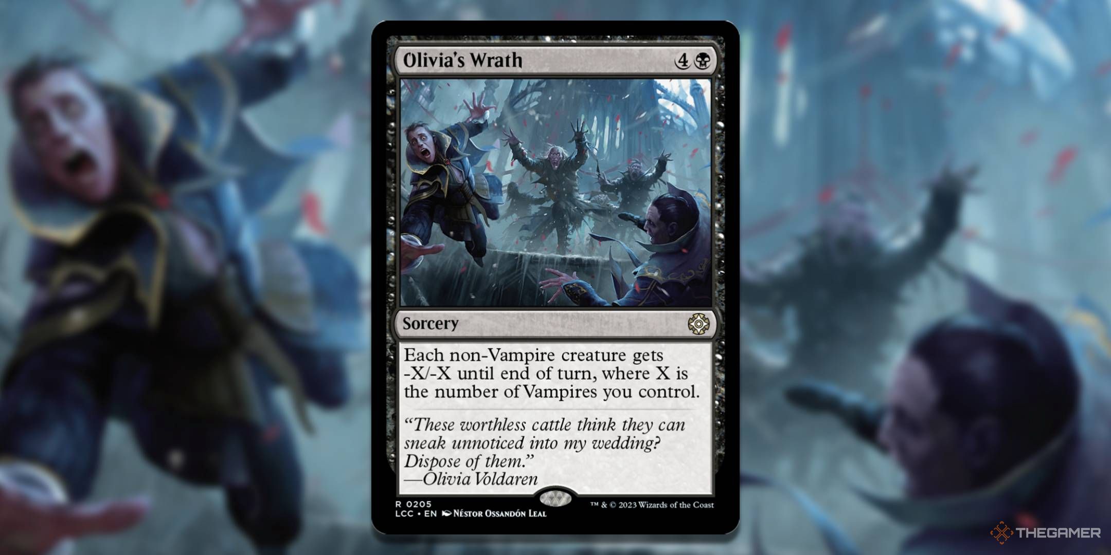 MTG Olivia's Wrath card with the art in the background.