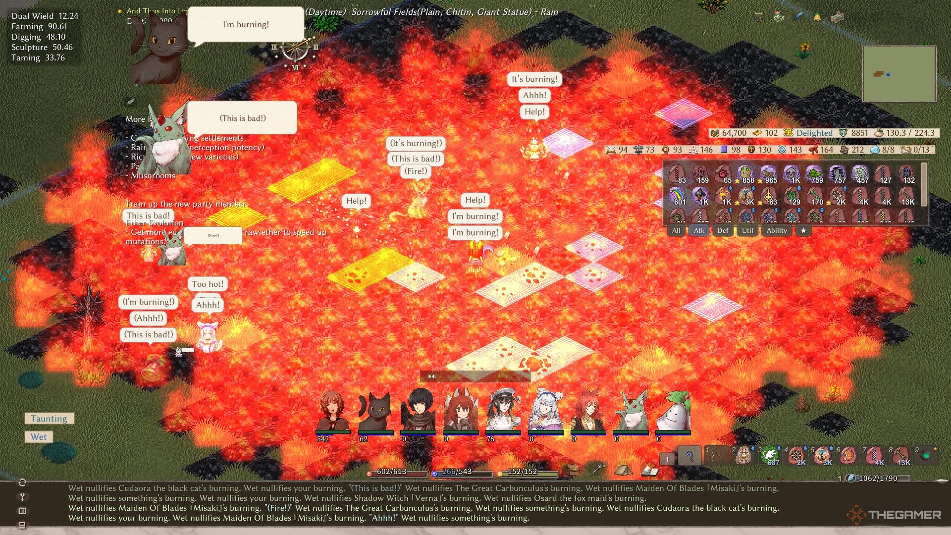 A player in Elin uses the meteor spell, setting their entire party on fire. 