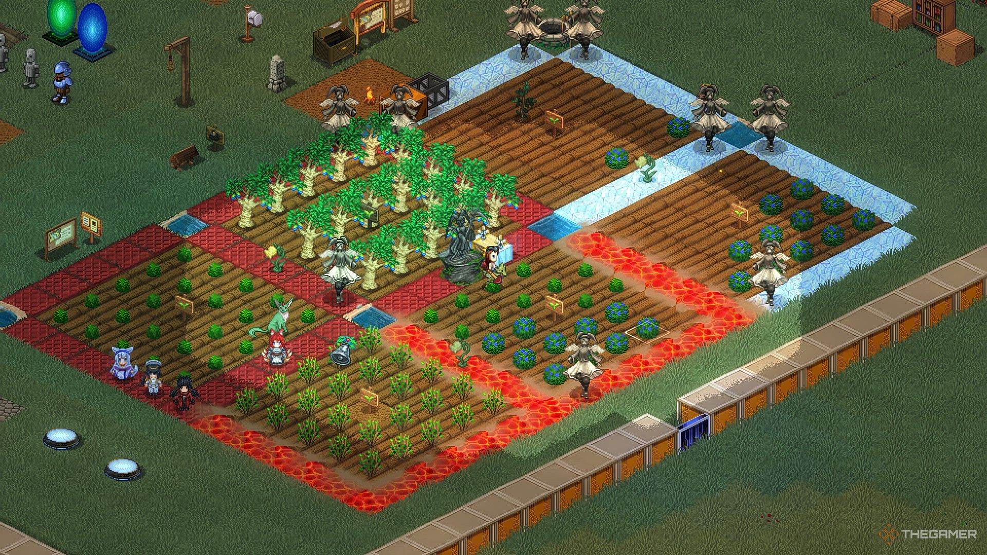 A farm in elin containing a shrine to Kumiromi and an assortment of crops including rare rainbow fruit. 