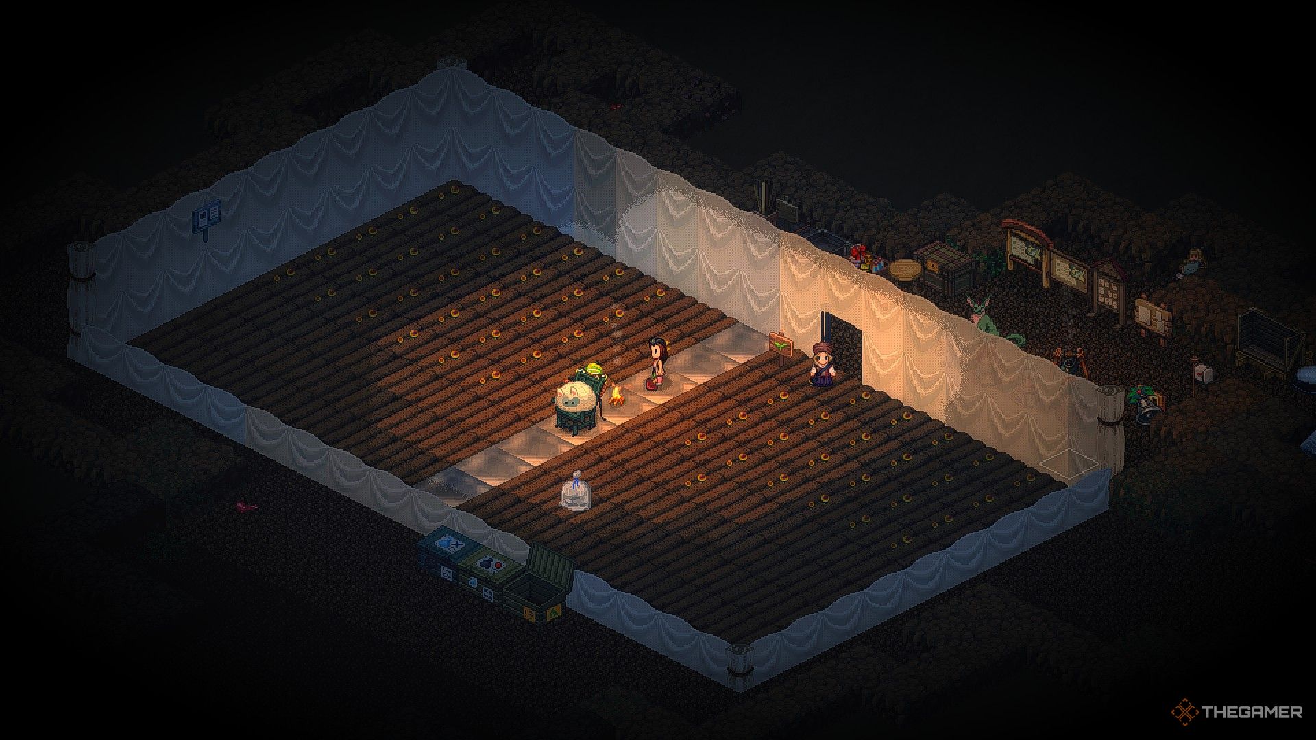 A player in Elin grows mushrooms in a dimly lit cave, without the use of sun lamps. 