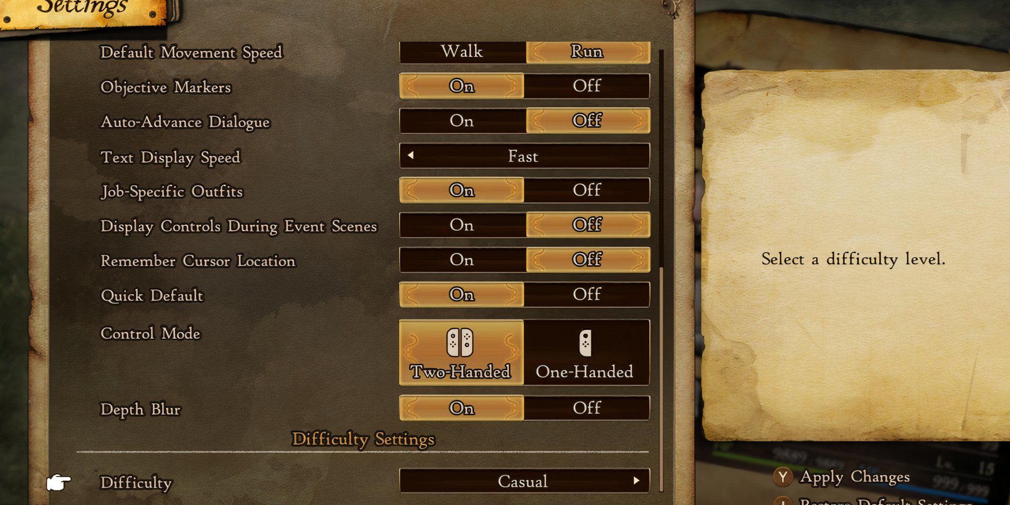 The difficulty menu in Bravely Default 2