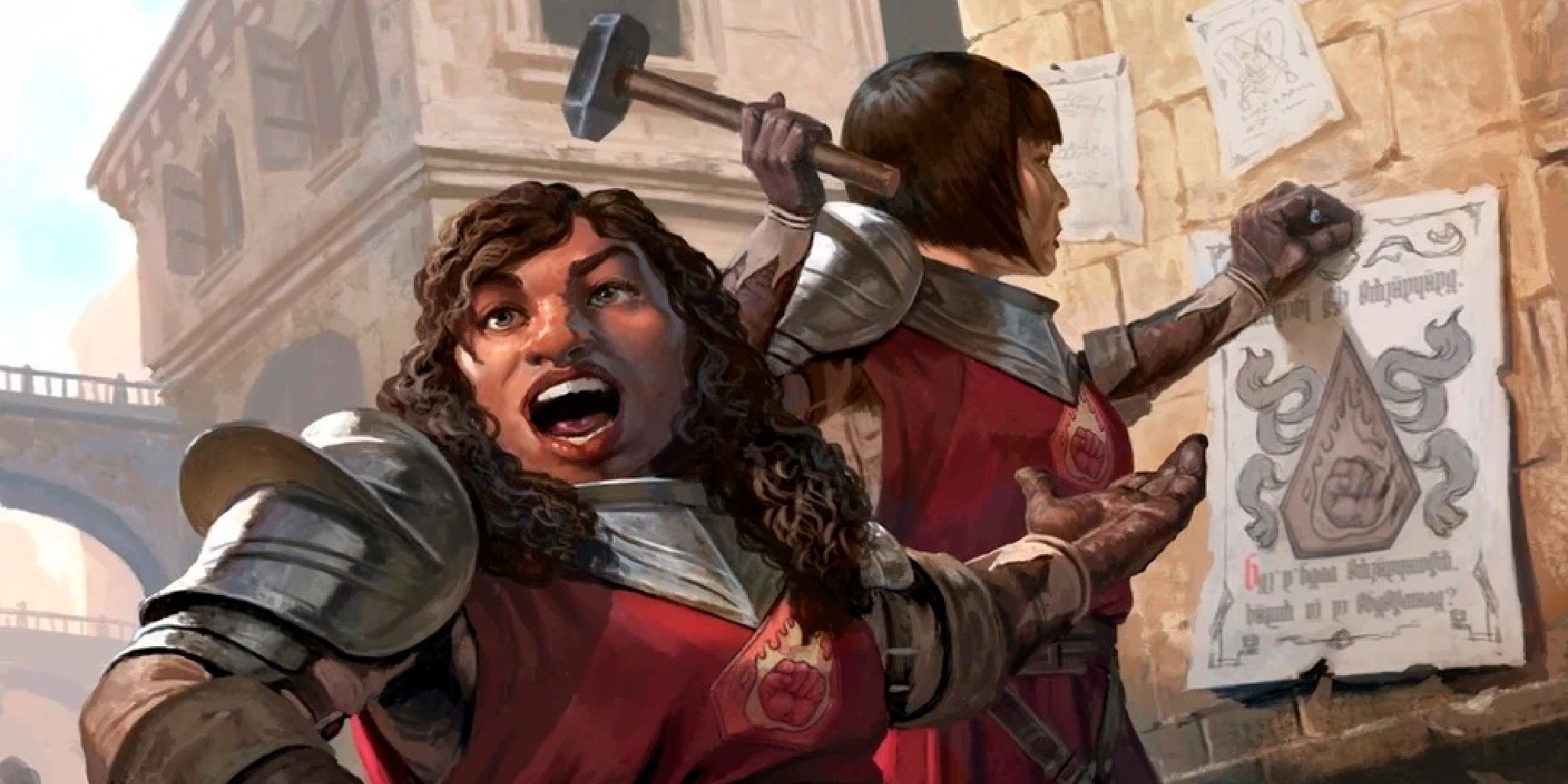 Dungeons & Dragons image showing two Flaming Fist members placing recruitment posters.