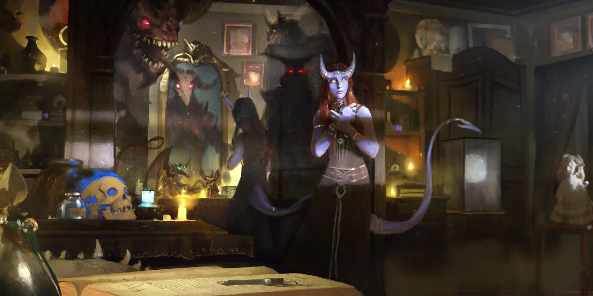 D&D art of a tiefling nervous whilst standing in a haunted room full of monsters and artefacts.