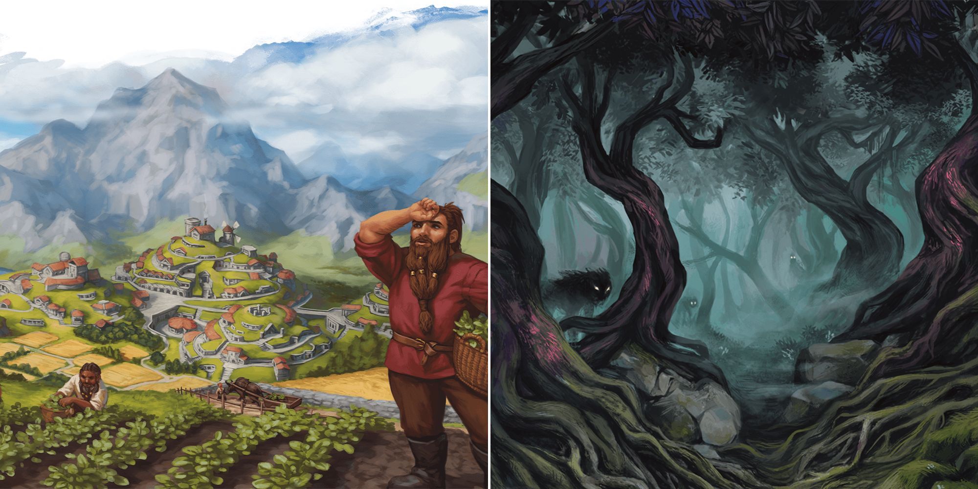 A farmer picking crops at Hills Of Pride's Call and shadowy monsters lurking in Savalirwood.