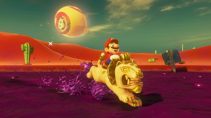 Mario rides a stone animal through a desert trailing a balloon in Super Mario Odyssey