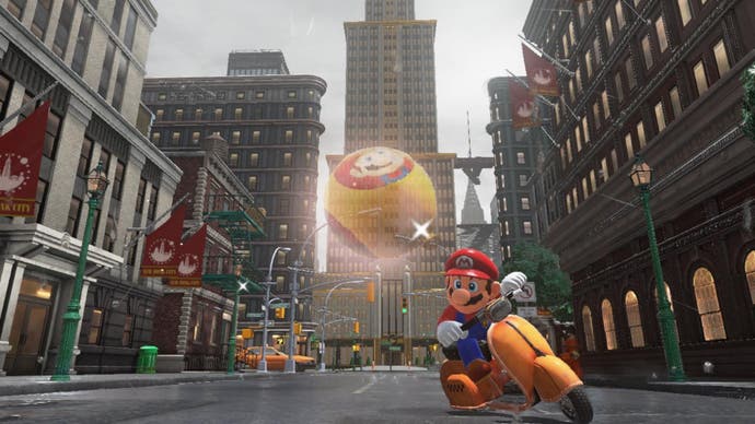 Mario rides a scooter through city streets trailing a balloon in Super Mario Odyssey