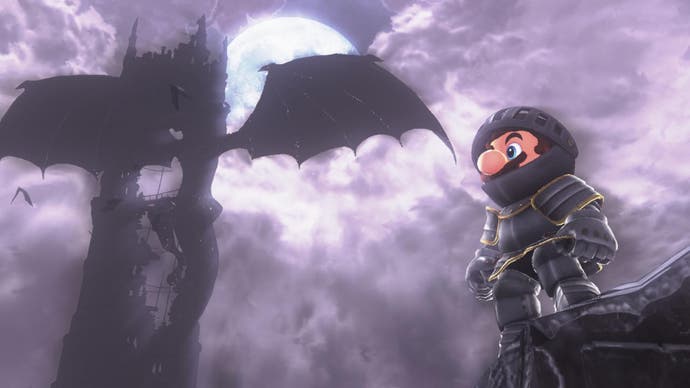 Mario dressed in a suit of armour sees a dragon on a nearby rock in Super Mario Odyssey