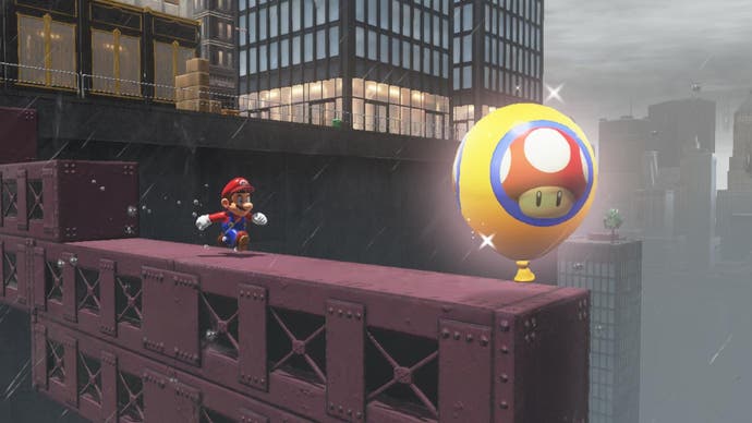 Mario walks across a girder towards a balloon in Super Mario Odyssey