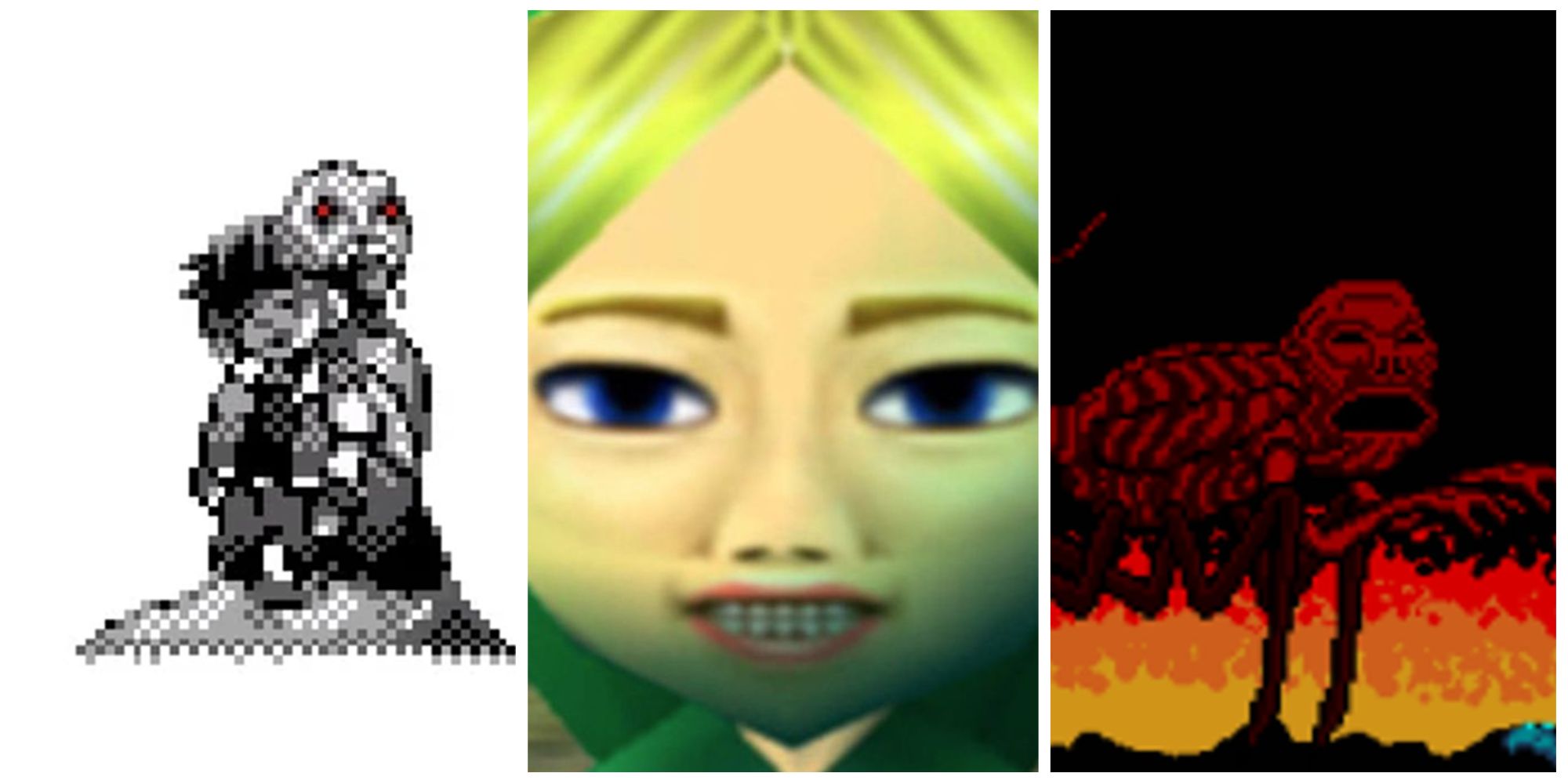 pokemon red, majoras mask, and a creature in godzilla NES