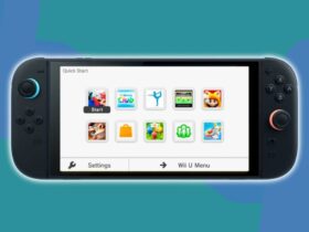 Nintendo Switch 2 handheld with Wii U main menu on screen