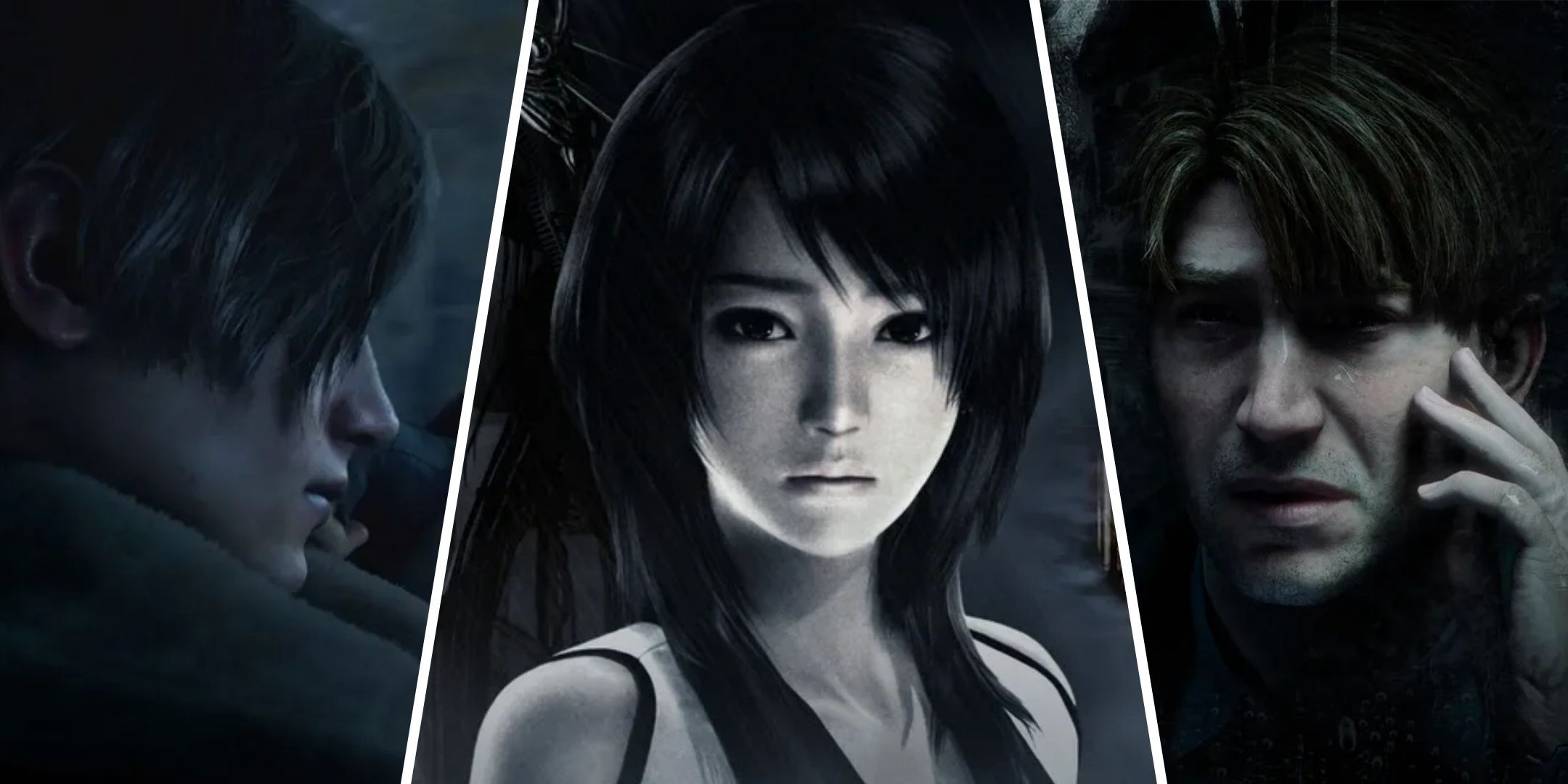 Split image of the protagonists of Resident Evil 4, Fatal Frame: Maiden Of Black Water, and Silent Hill 2.