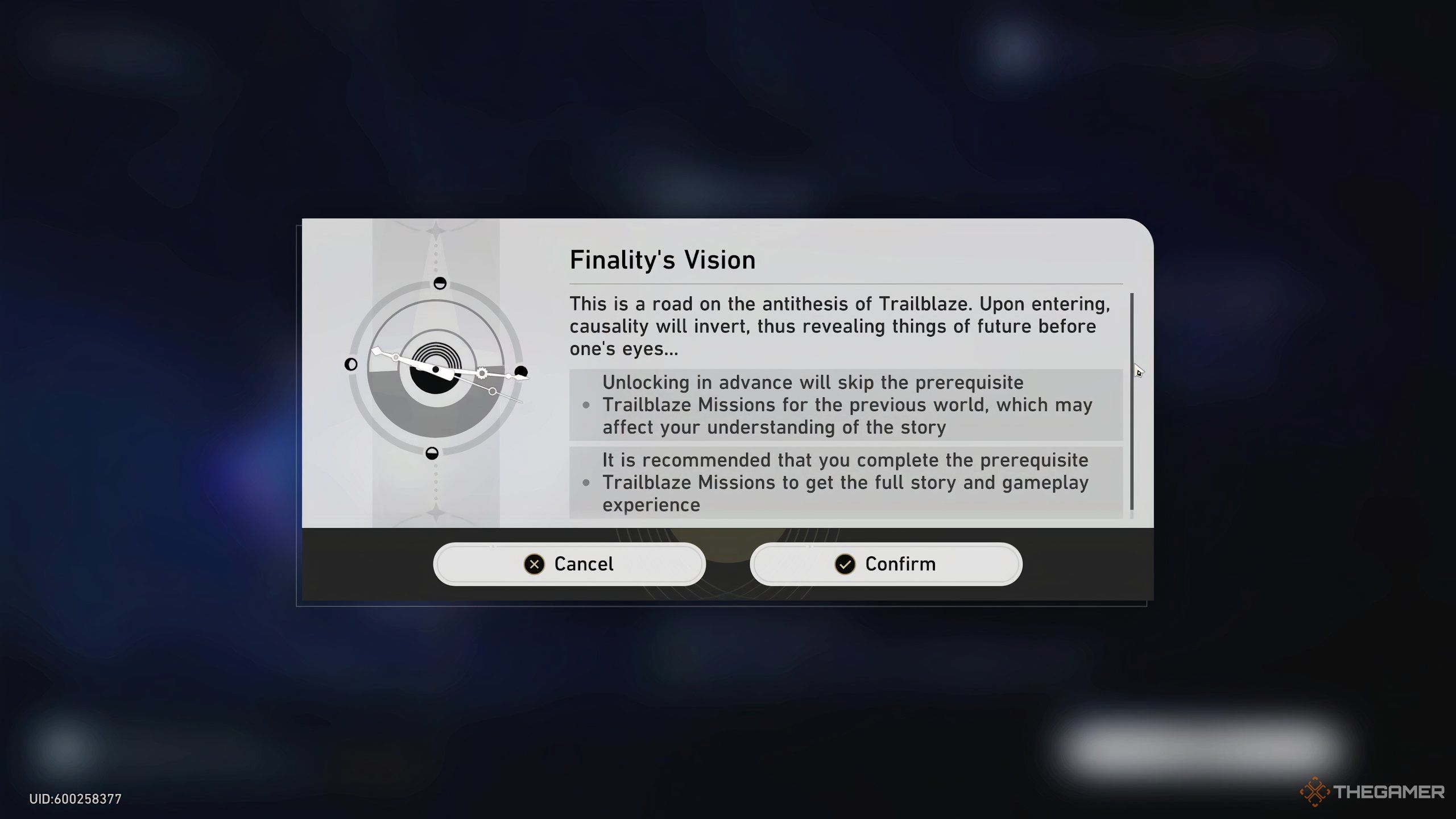 The Finality's Vision early content access warning in Honkai Star Rail.