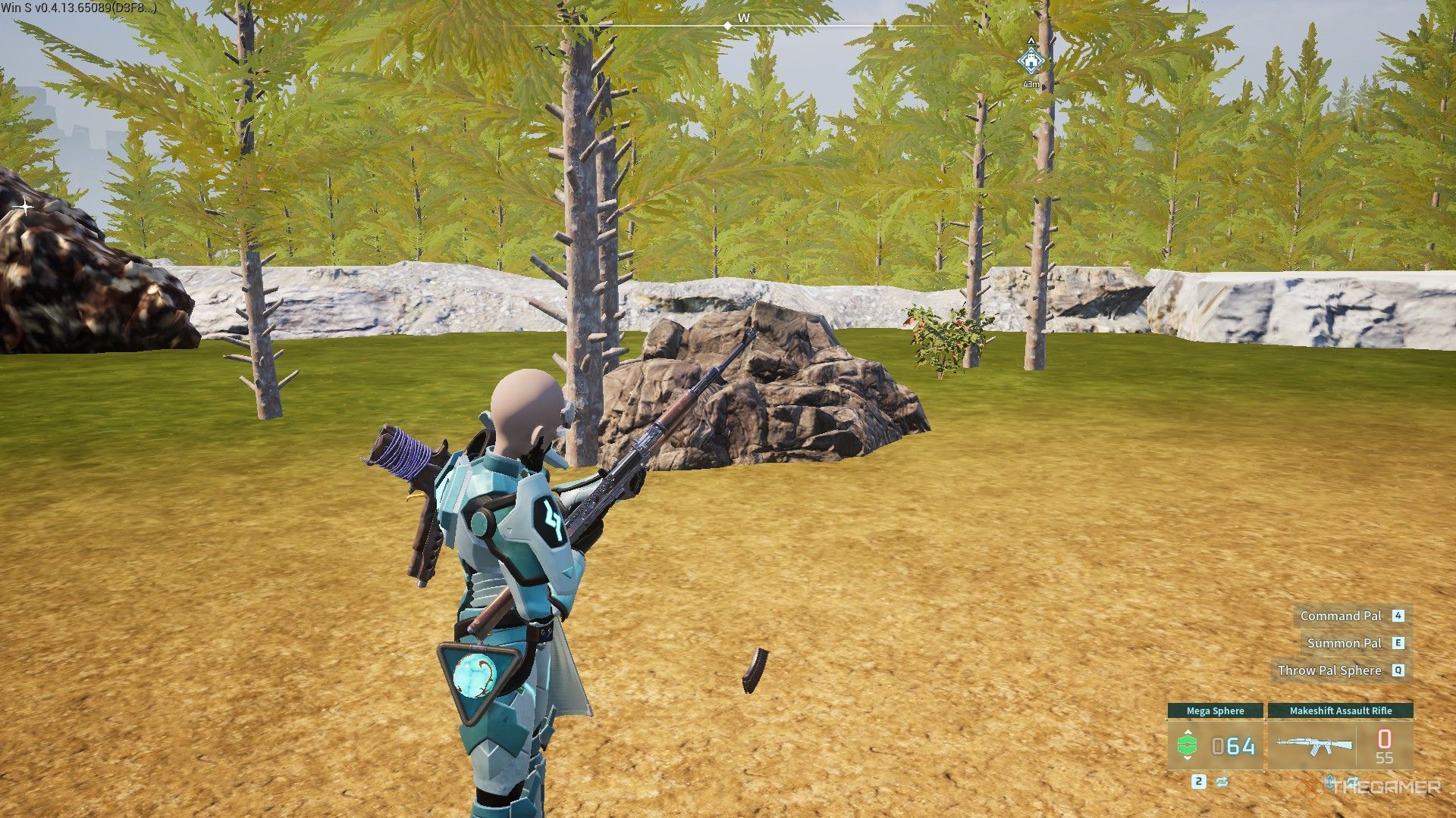 The image shows the player reloading a Makeshift Assault Rifle in Palworld.