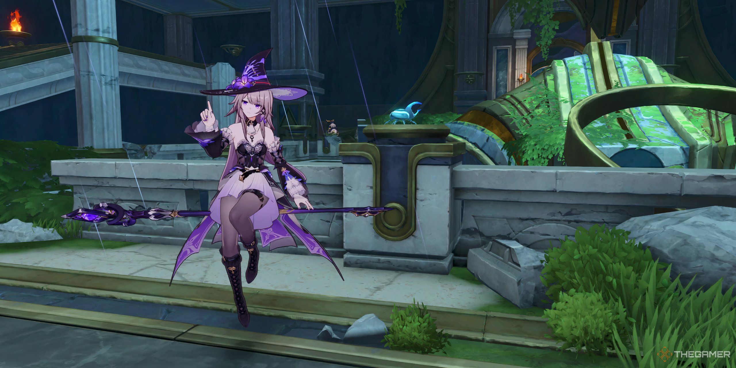 Herta sitting on her witch staff alongside a nymph on a railing in Honkai Star Rail