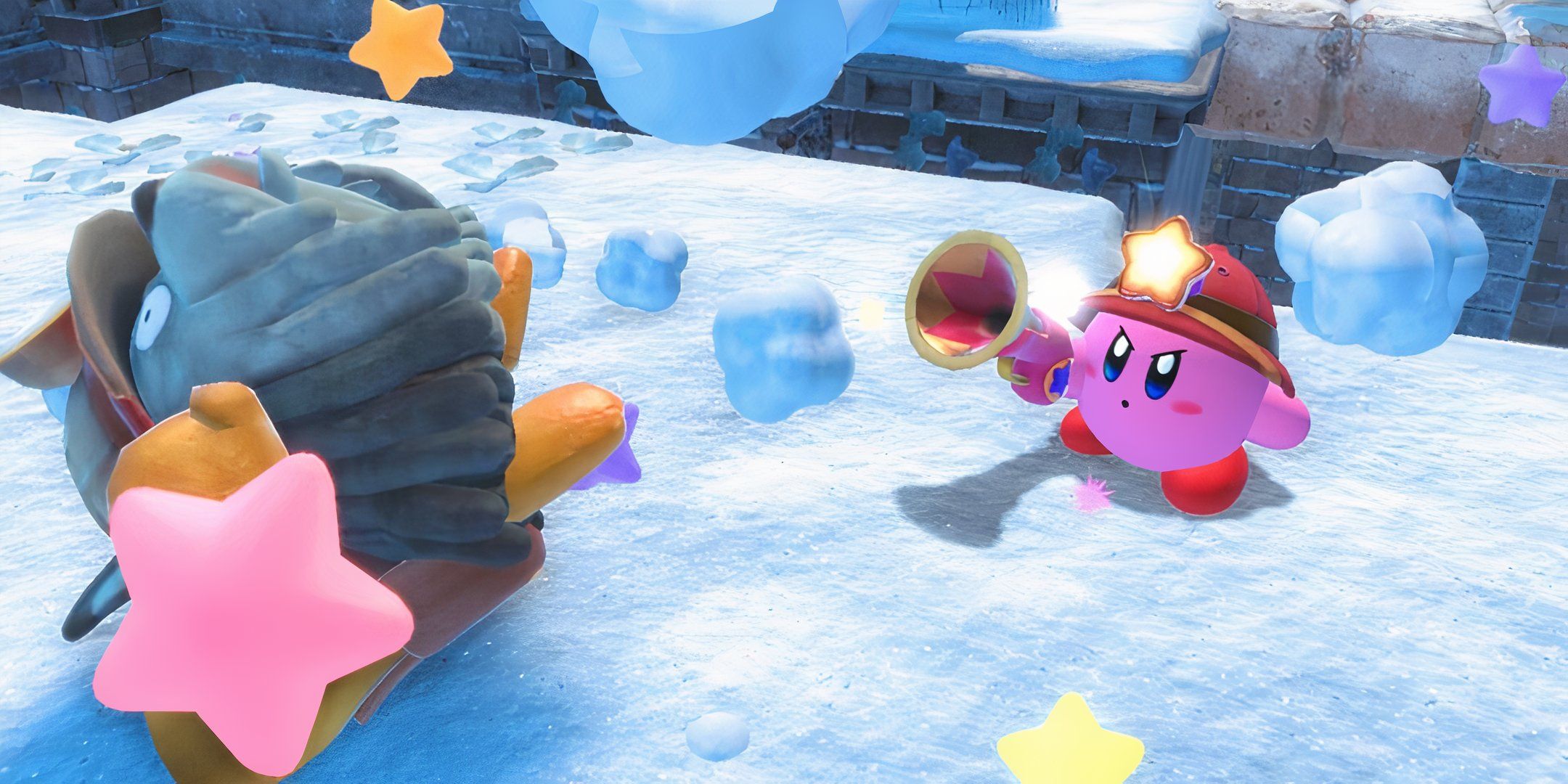 Kirby Using The Ranger Copy Ability To Shoot An Enemy In Kirby And The Forgotten Land.