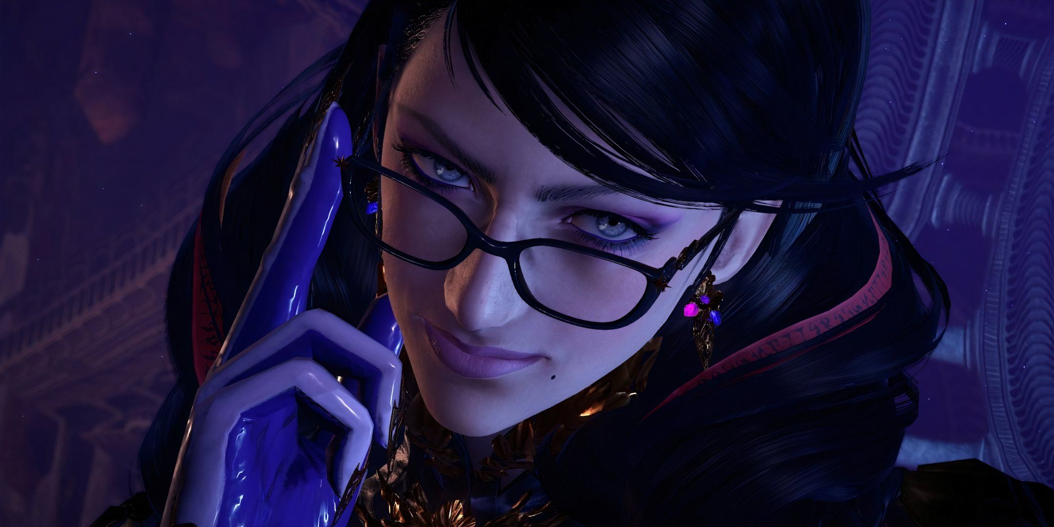 Bayonetta Adjusting Her Glasses With A Serious Face In Bayonetta 3.