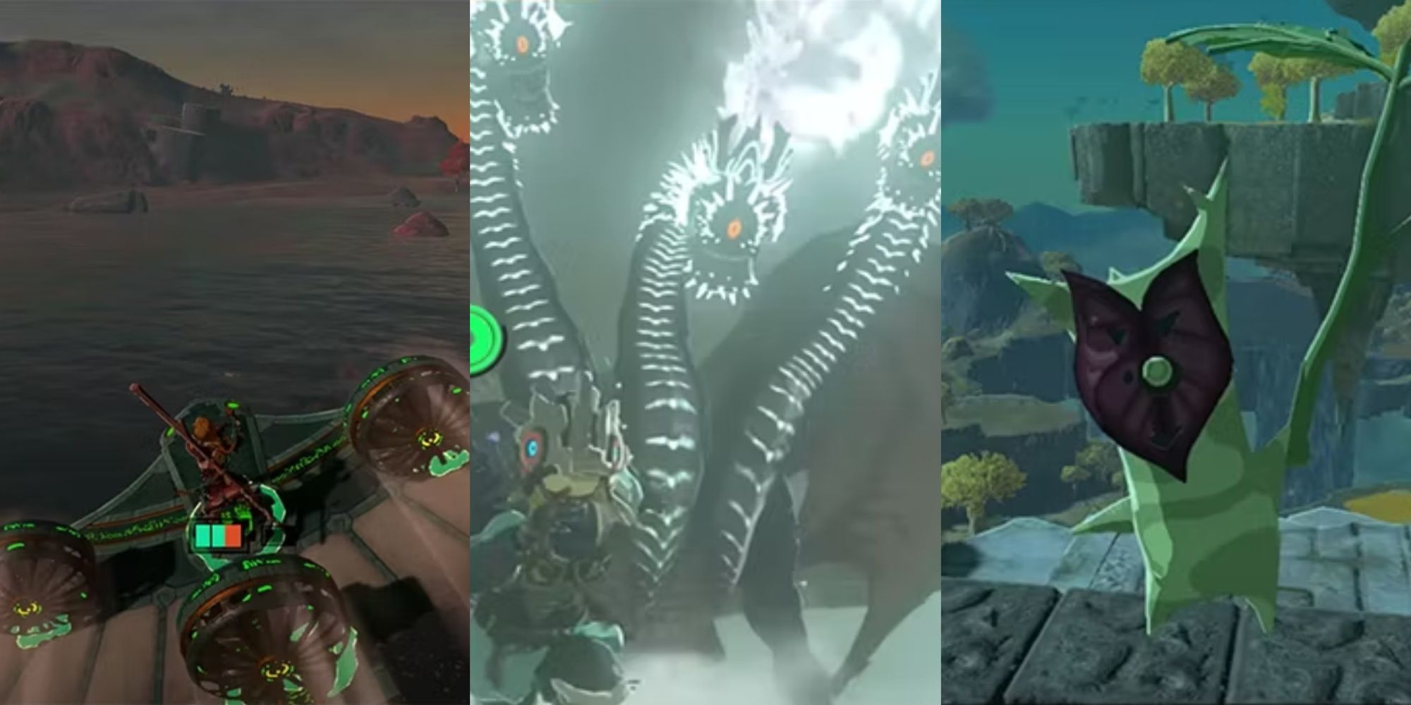 Split images of Link on a Zonai aircraft, Link running from a Gleeok, and a Korok in Tears of the Kingdom.