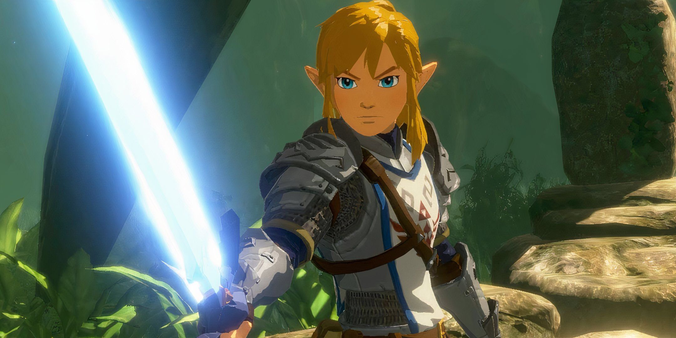 Link Wielding The Activated Master Sword After Pulling It In Korok Forest In Hyrule Warriors: Age Of Calamity.