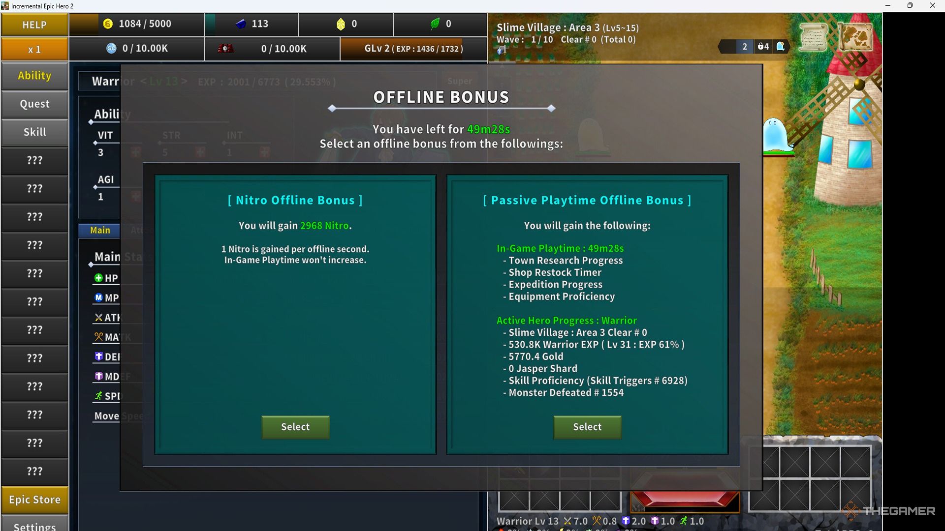 Offline bonuses in Incremental Epic Hero 2.