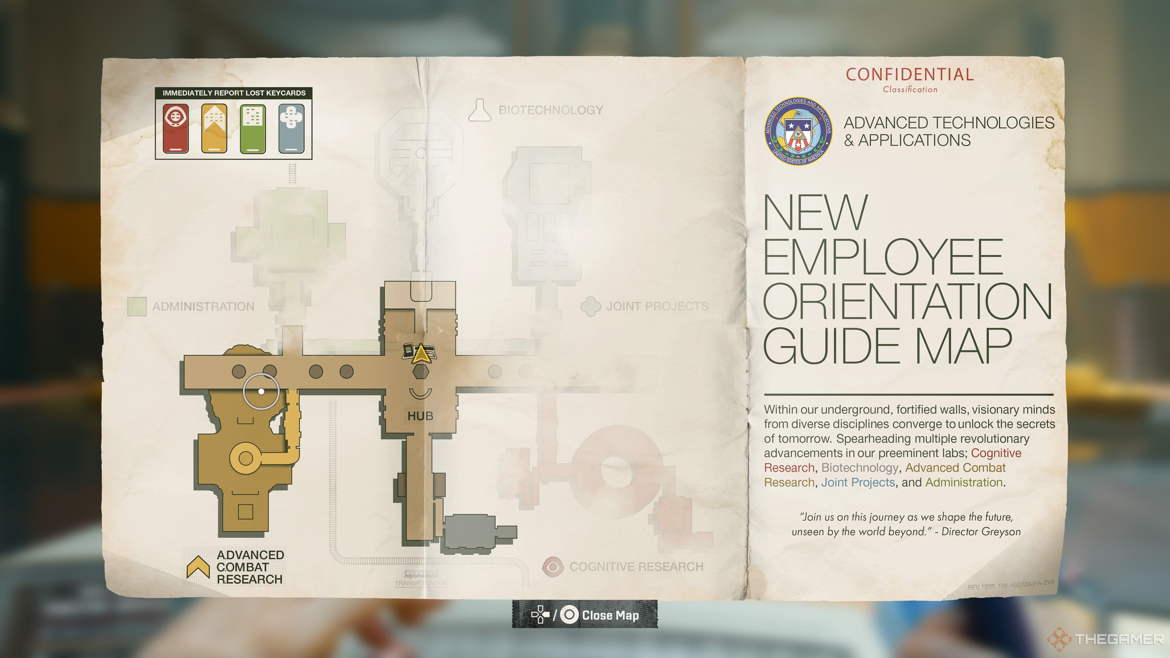 An image with the map the player gets for the Emergence Mission. Advanced Combat Research is clearly on display within the map.