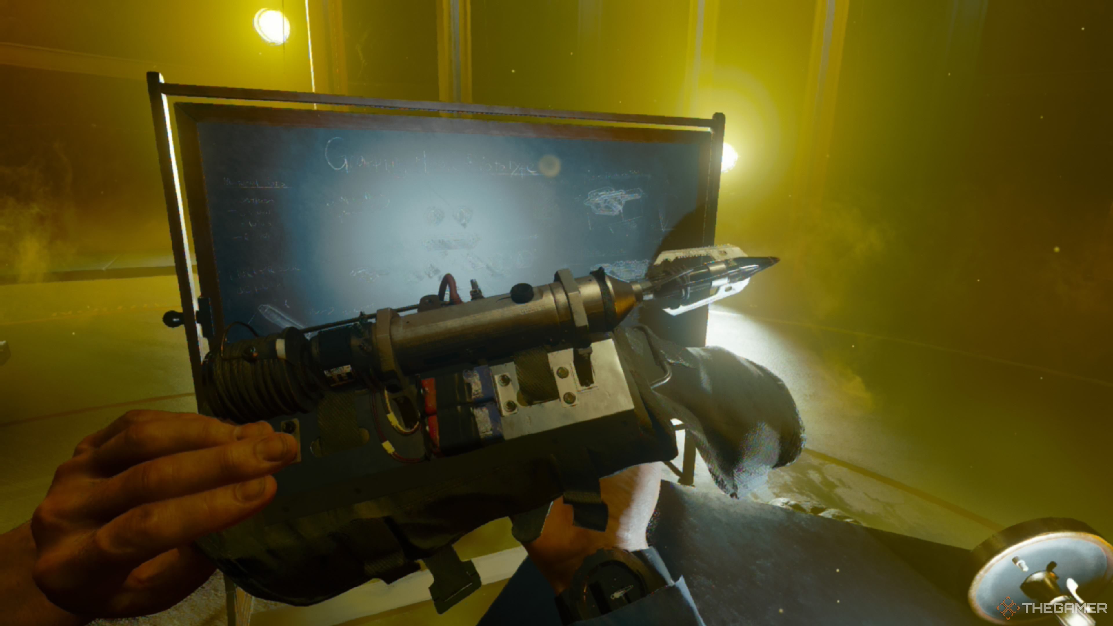 An image of the ACR Grappling Hook which can be found in the Emergence mission of Black Ops 6. The player is holding it up to the camera.