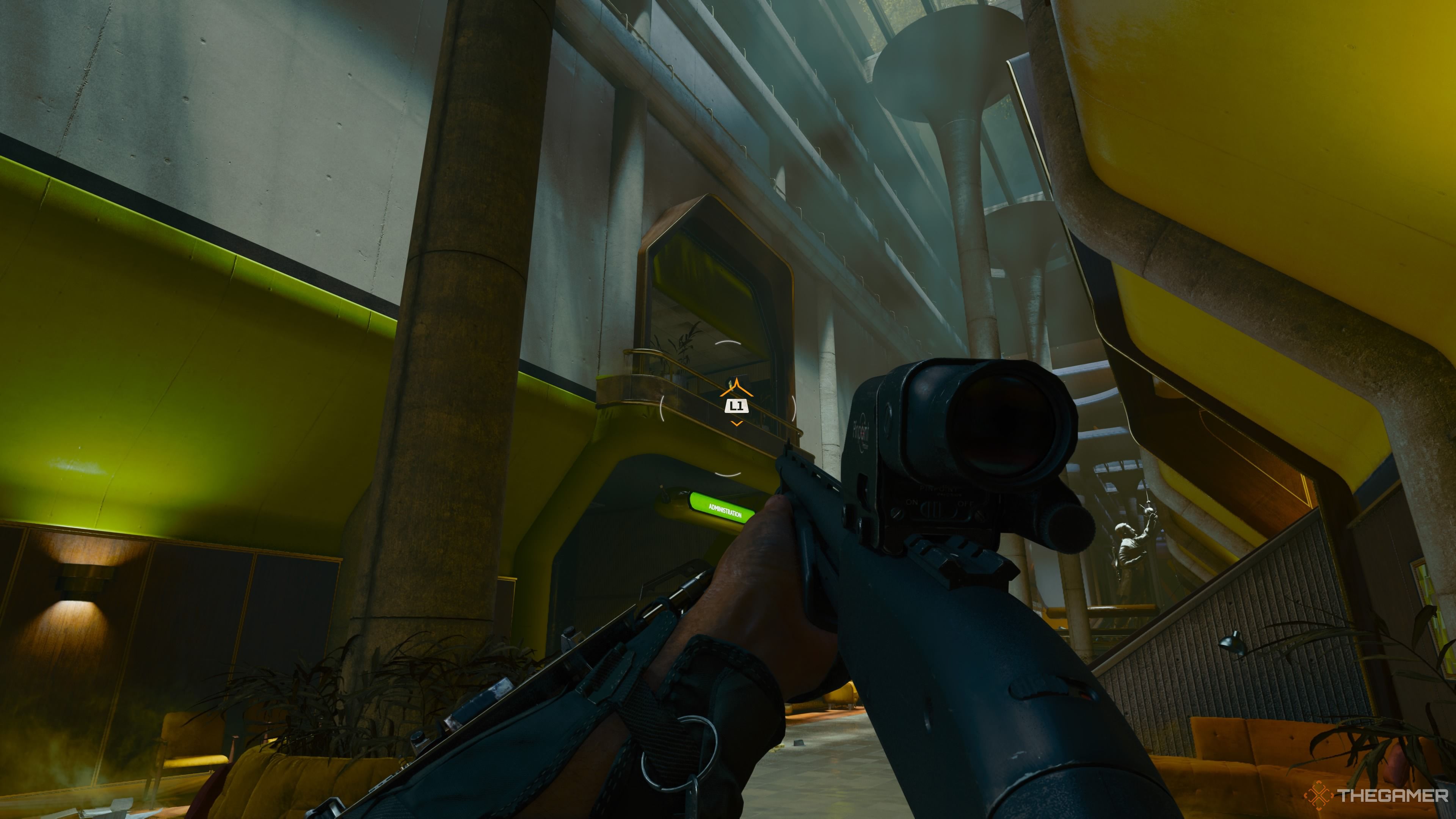 Grapple point for the Administration Wing. The player is looking up at the railing with a prompt visible and a shotgun is also on view within the screen.