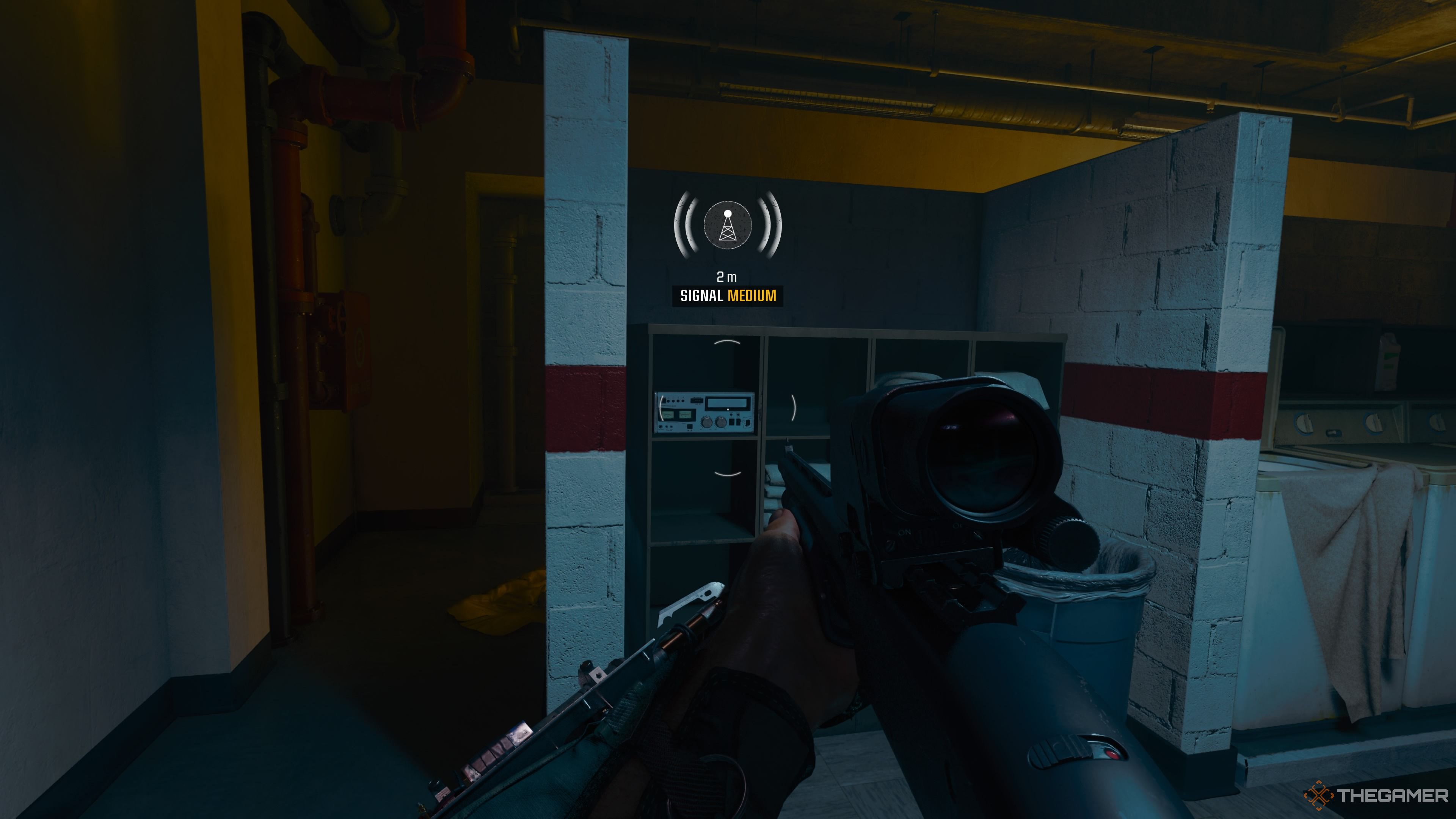 An image of the radio to tune within the locker room of Emergence. The player is standing in front of it and concrete walls are found throughout the area. A shotgun is held on the screen.