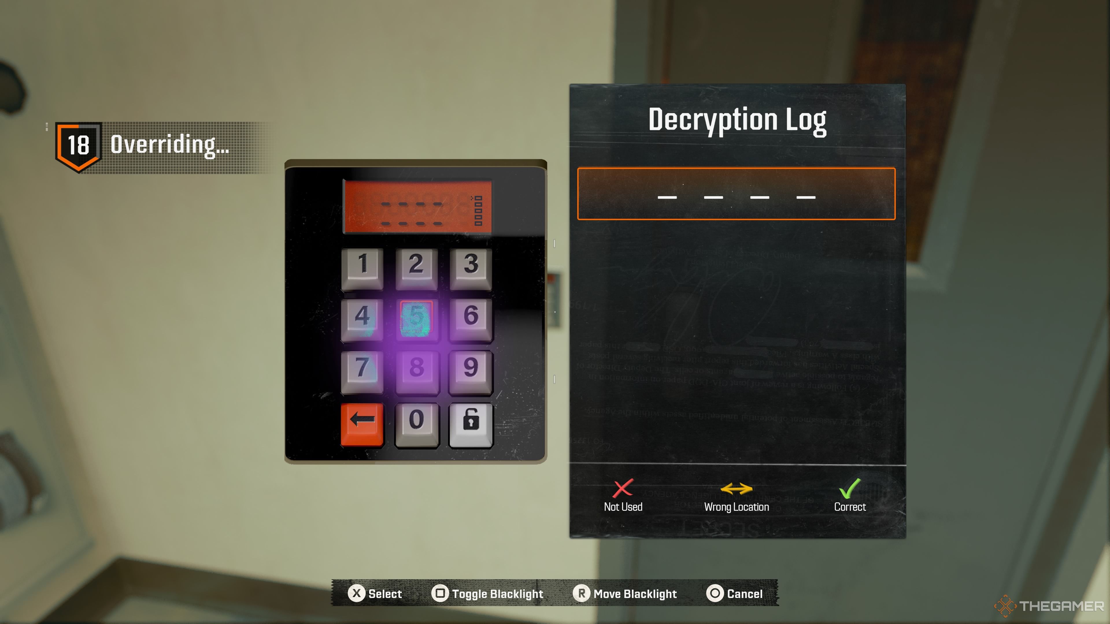 An image showing the Blacklight toggled on the keypad. There are obvious fingerprint marks on some of the keys for the player to know where to press.