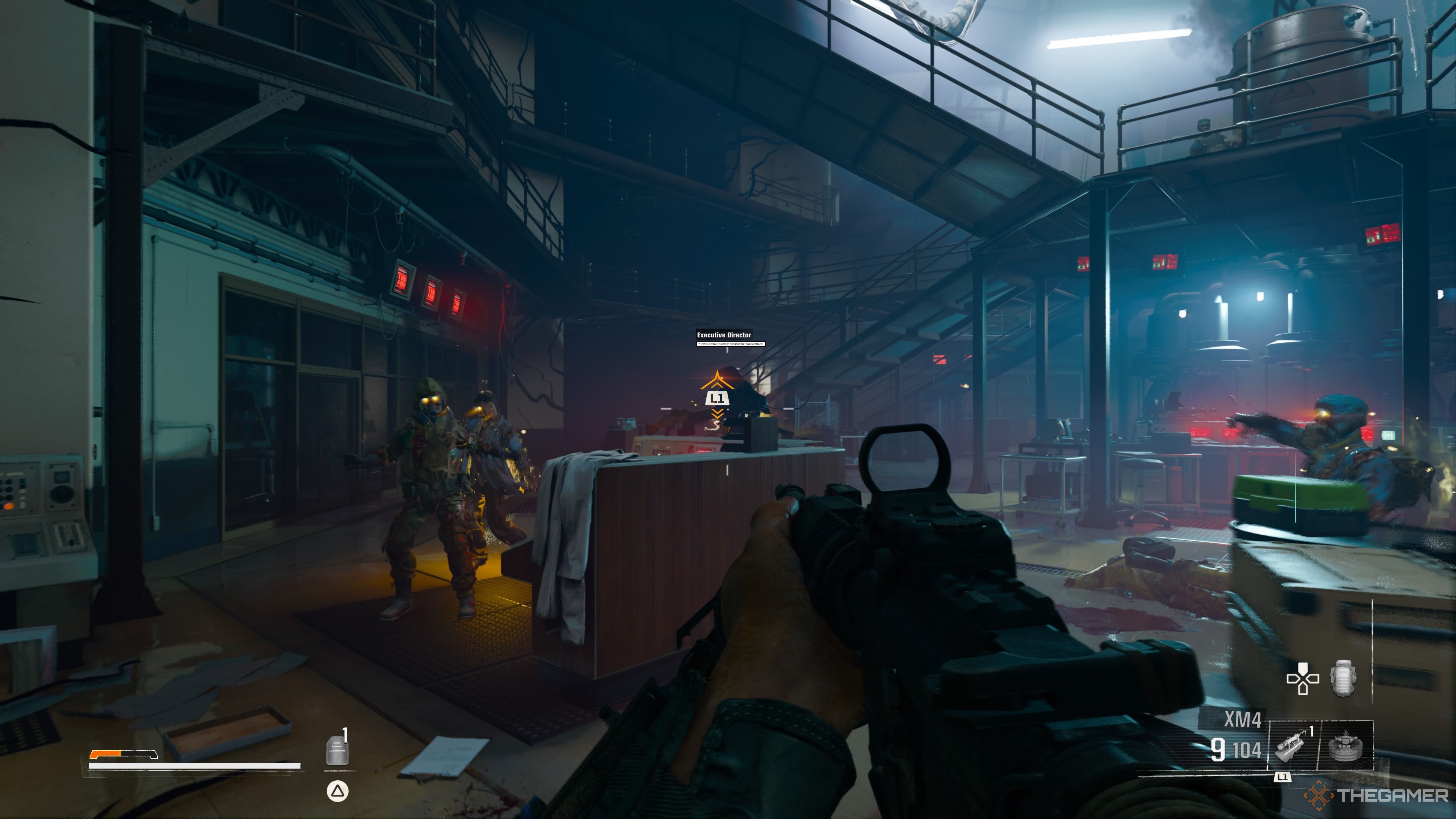 An image of the Executive Director in the Biotechnology wing and swarming zombie aides. The player's crosshairs are centred over the director to begin firing soon.