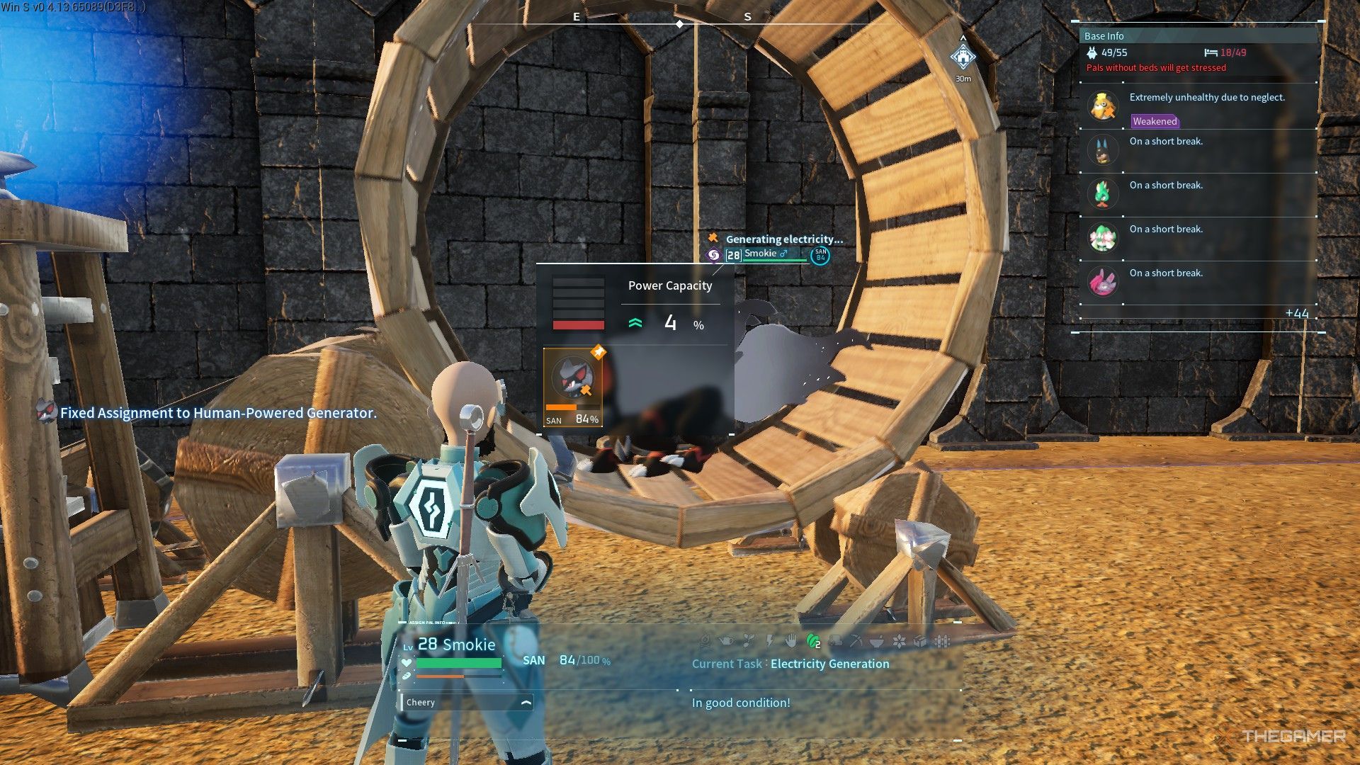 The image shows Smokie working in the Human-Powered Generator in Palworld.