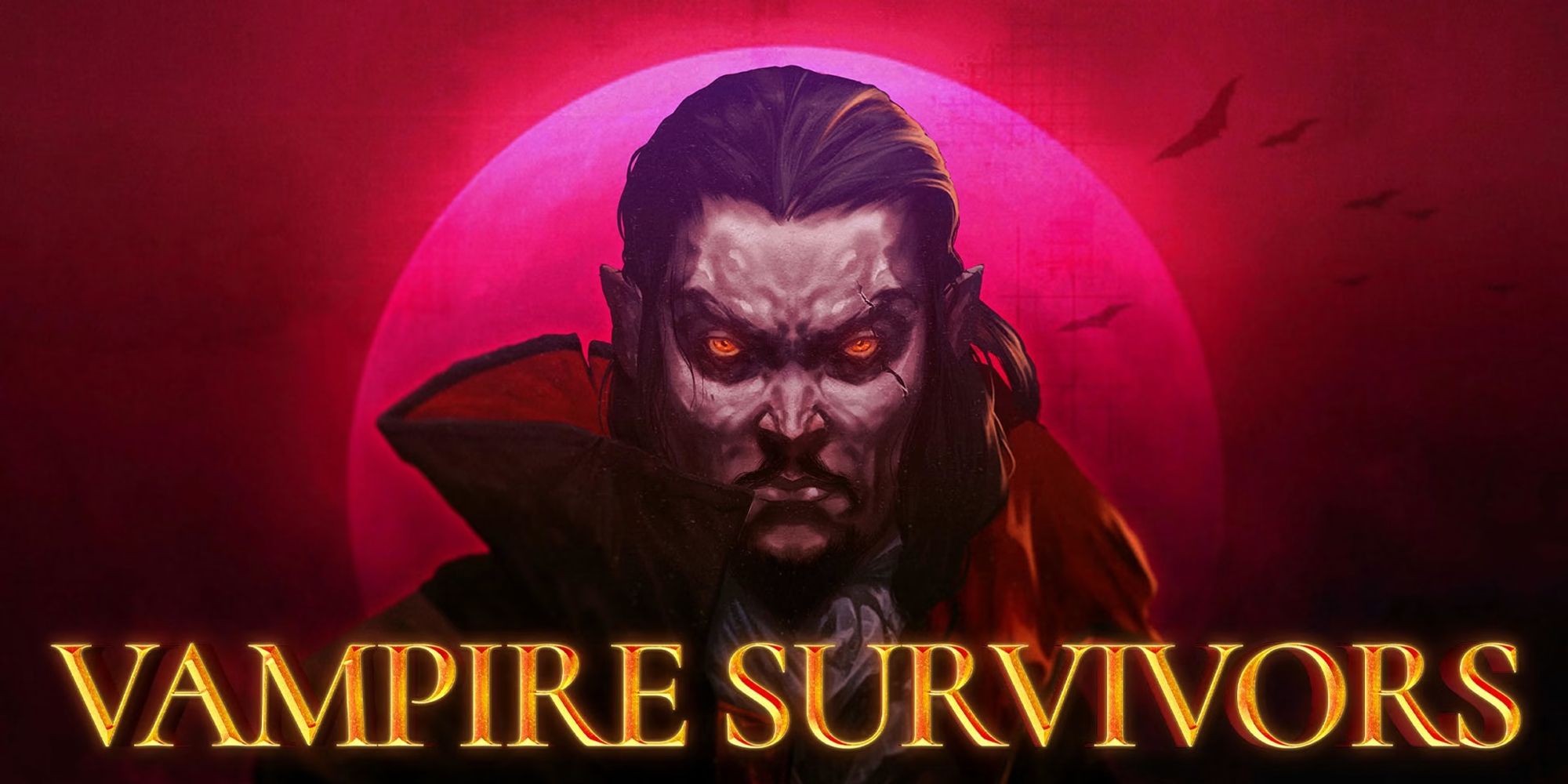 A vampire stands in front of a blood moon in Vampire Survivors.