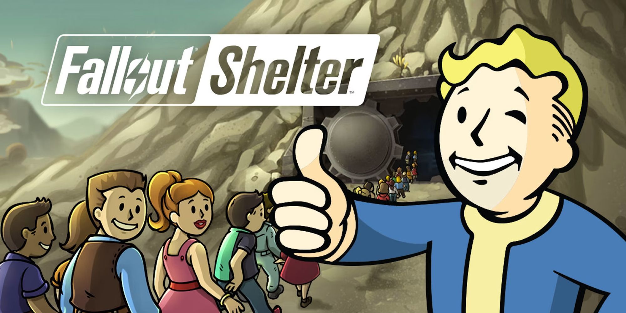 A long line of people enter an underground vault while Vault Boy gives a thumbs up in Fallout Shelter.