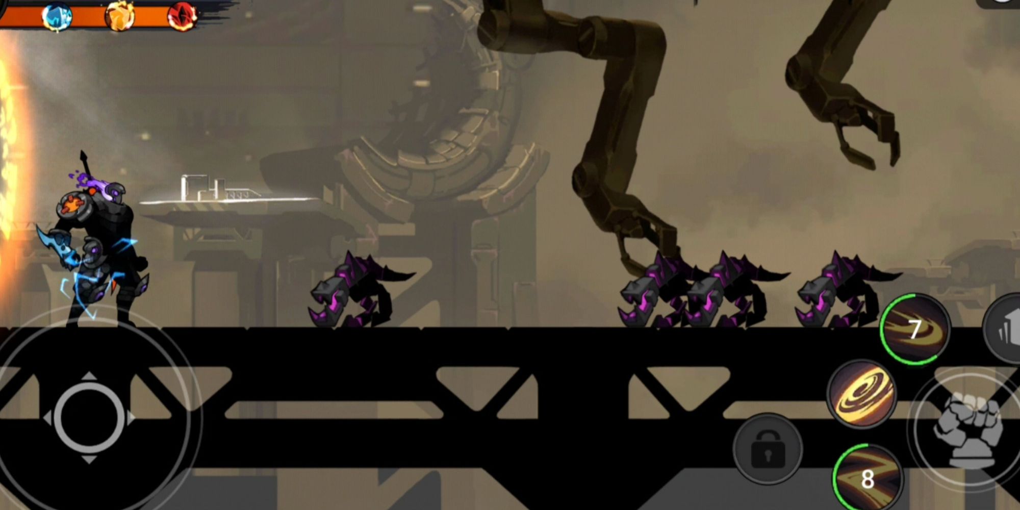 A ninja facing a hoard of enemies in a factory level from Stickman Master: Shadow Ninja.