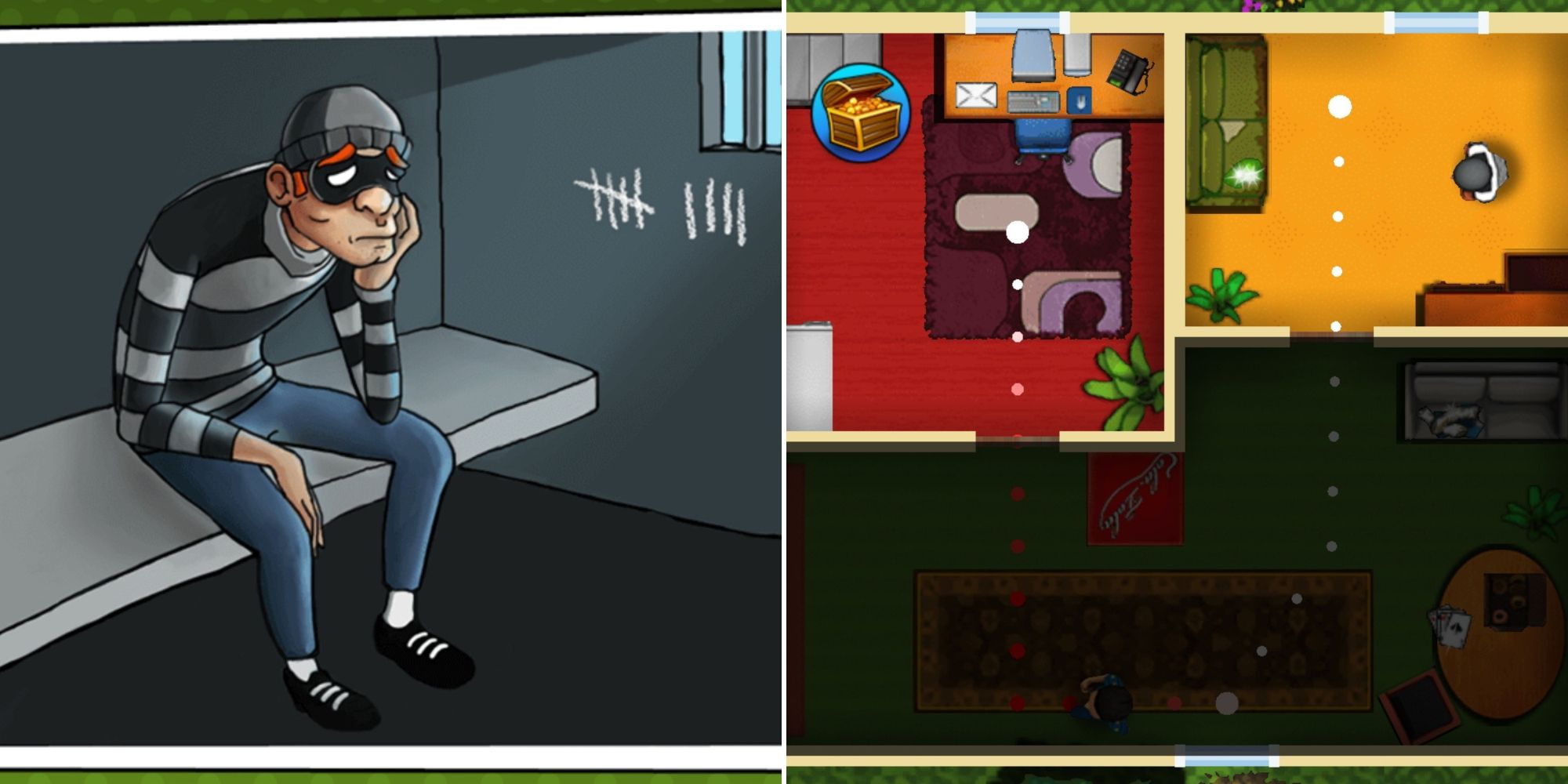 A split image of Robbery Bob - The Boss Thief. The left image shows Bob sitting in his jail cell. The right image shows Bob sneaking in a house to steal loot.