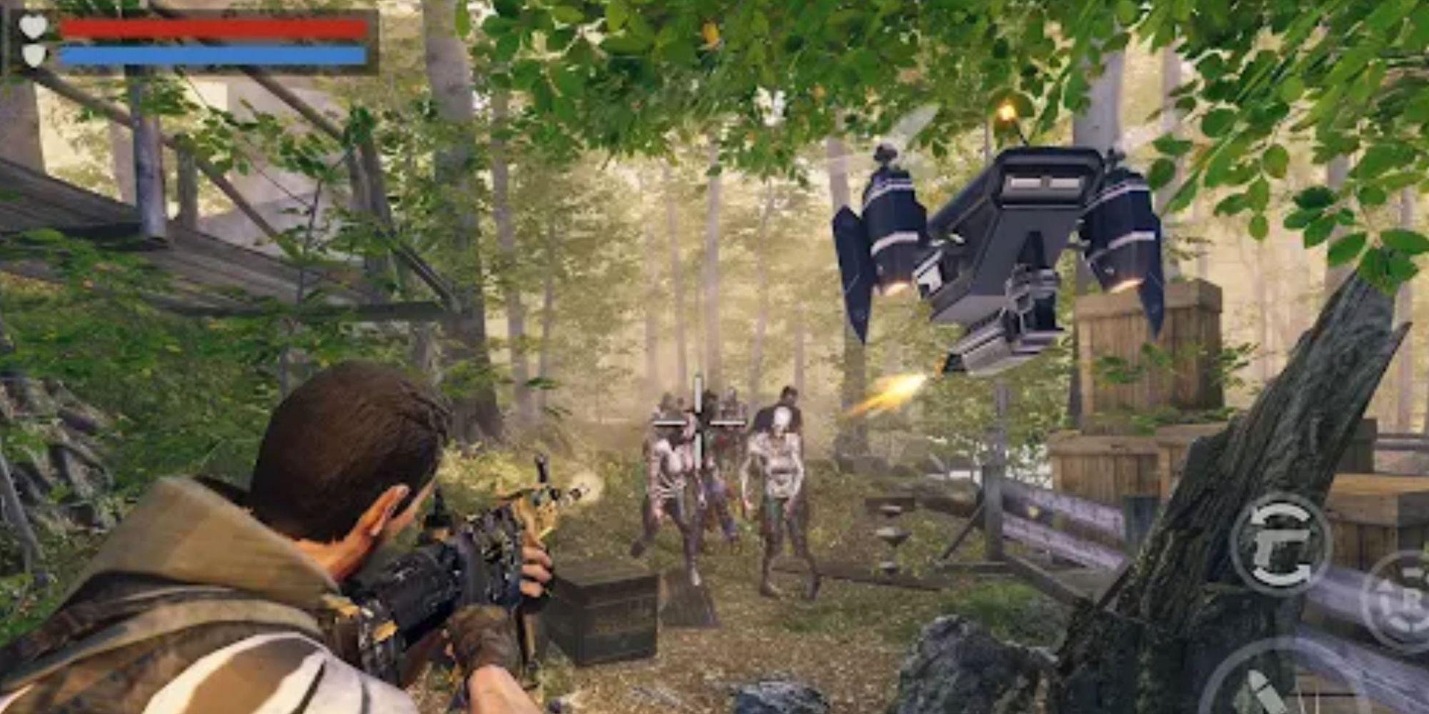 A soldier from Dead Target shooting multiple zombies in the woods.