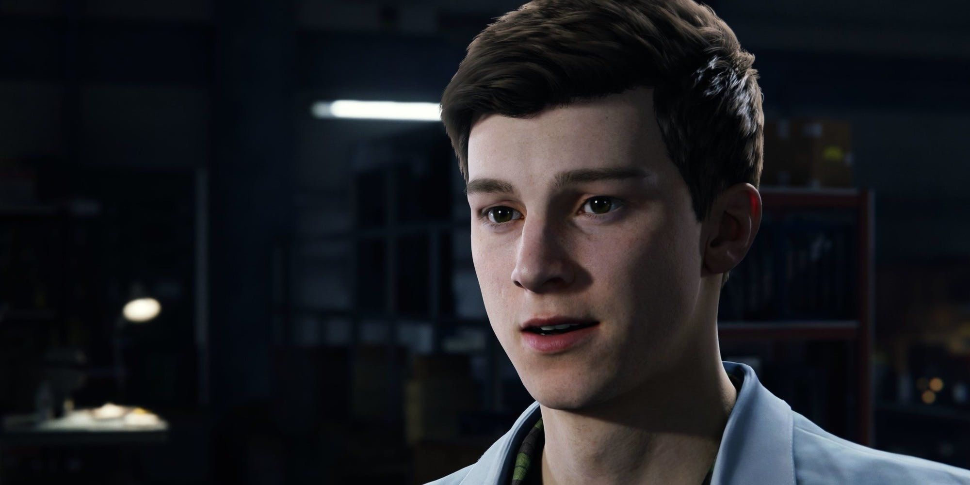 Peter Parker based on face model Ben Jordan in his lab coat in Marvel's Spider-Man.