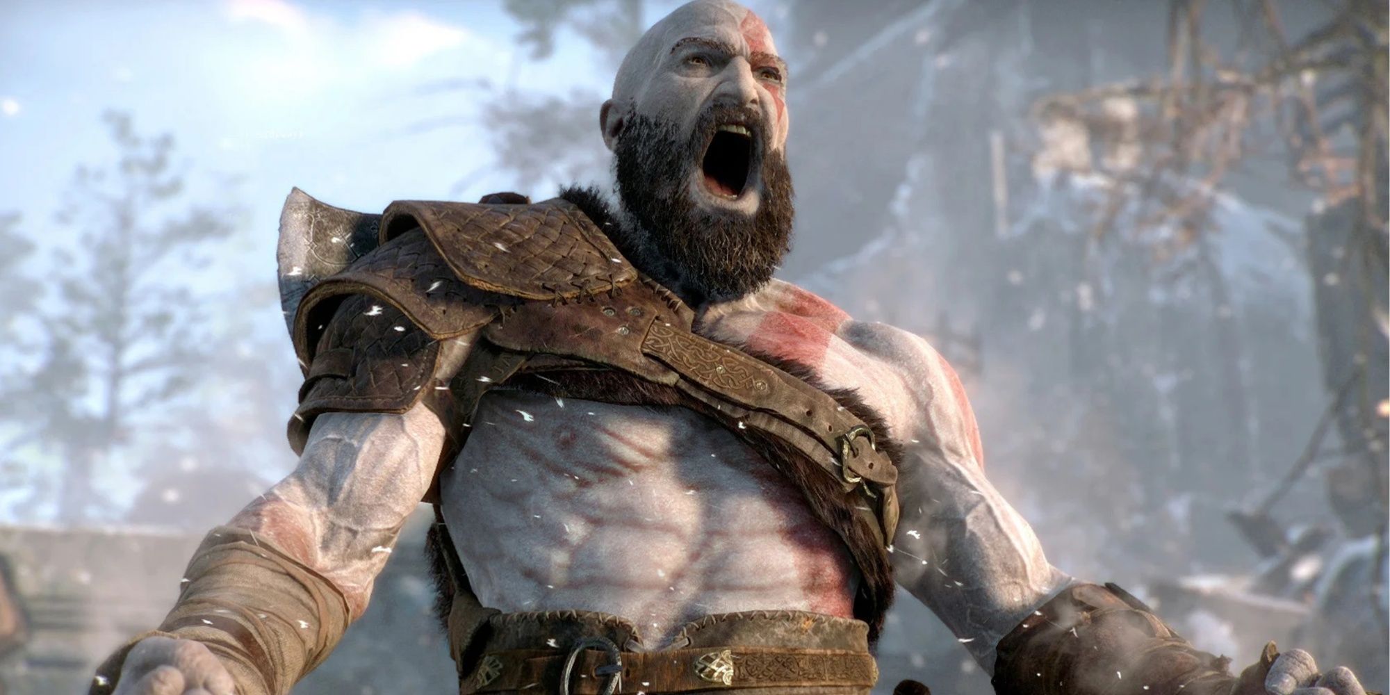 Kratos yelling in God of War, while snow falls.